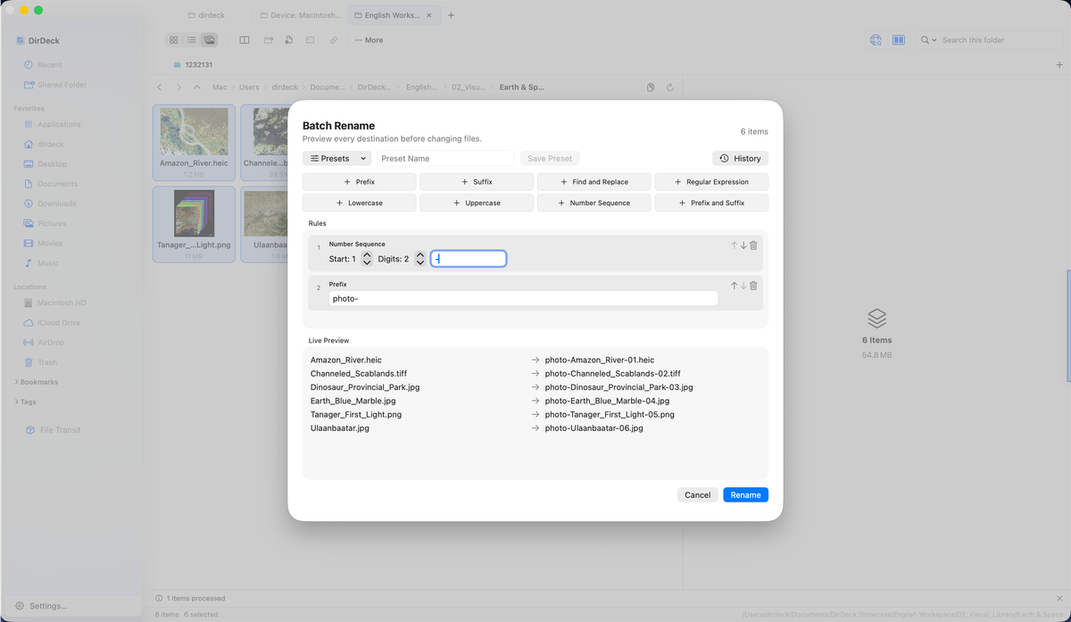Composing batch rename rules with a filename preview in DirDeck