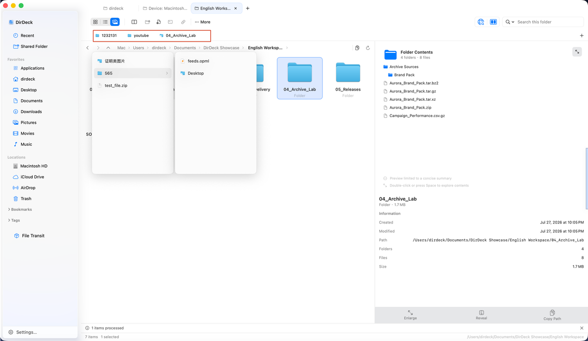 Opening nested folder bookmarks from the DirDeck bookmark bar