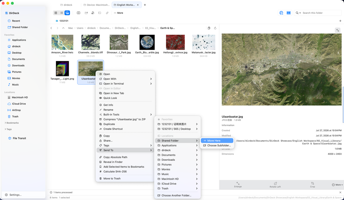 Sending selected files to a folder or bookmark destination in DirDeck