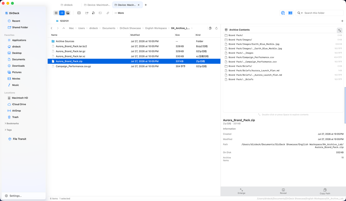 Browsing an archive layer by layer in the DirDeck side panel