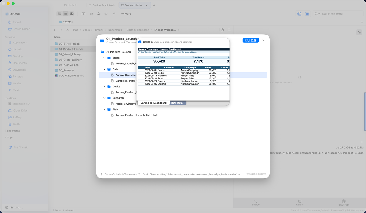 Previewing an Excel workbook and switching sheets in DirDeck