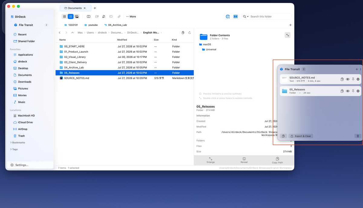 Parking files for movement between locations in DirDeck File Transit