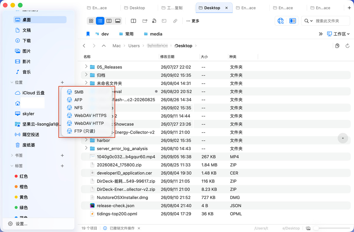 连接 SMB、AFP、NFS、WebDAV 与只读 FTP 网络位置