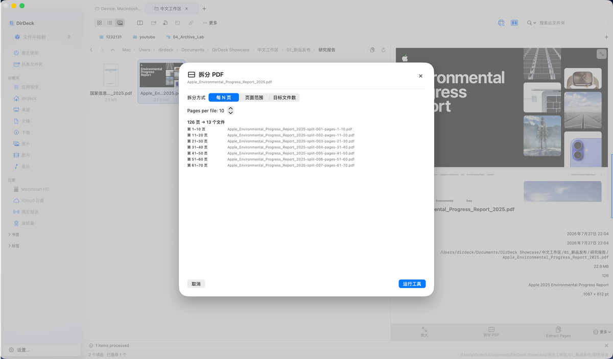 DirDeck PDF 拆分窗口中设置页面范围和输出方式