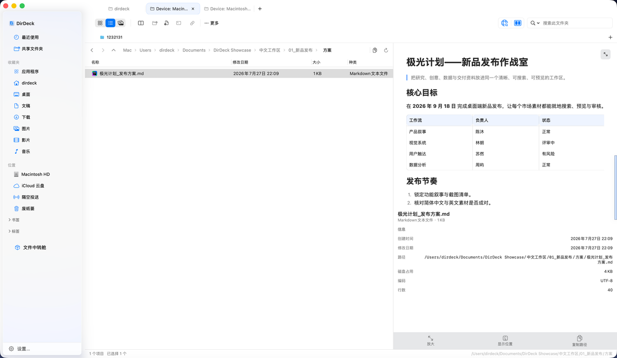 DirDeck 右侧预览区中直接显示 Markdown 文档