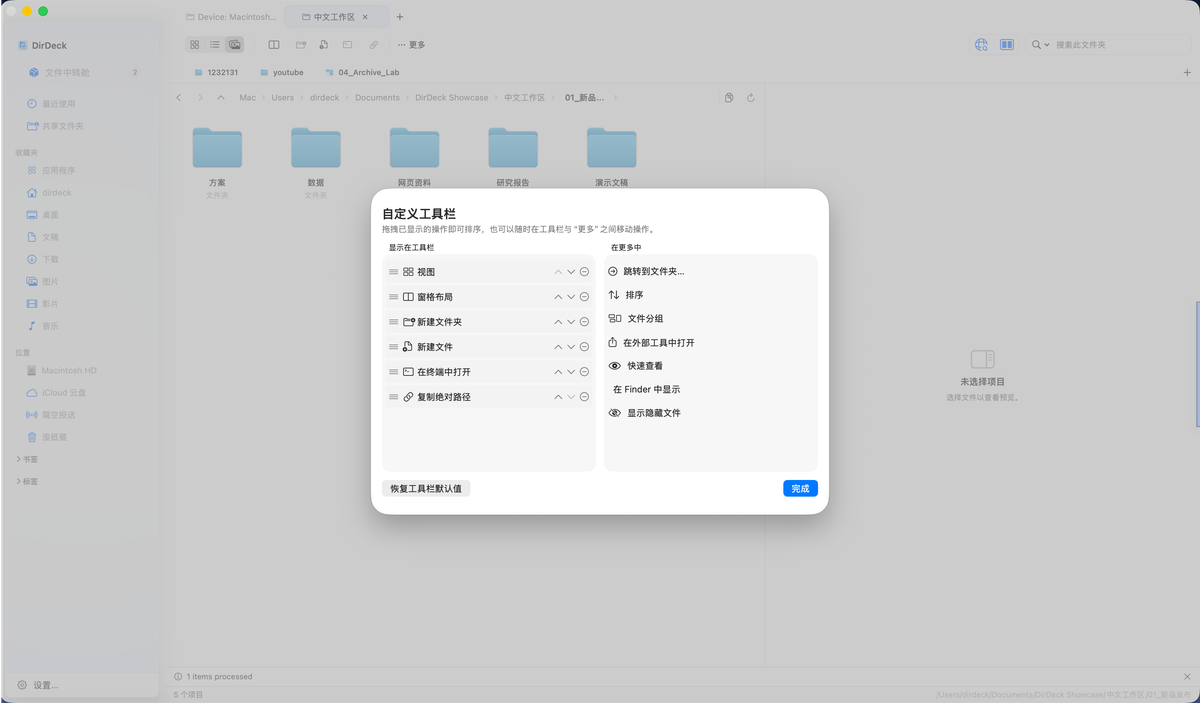 在 DirDeck 设置中排序并显隐常用工具栏操作